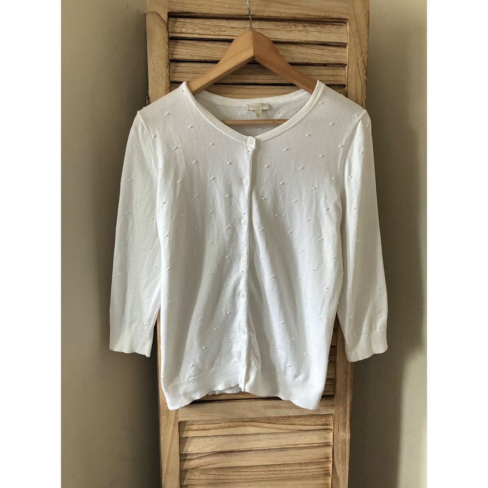 Talbots Petite White Cotton Textured Dot Button Front Cardigan Sweater LP